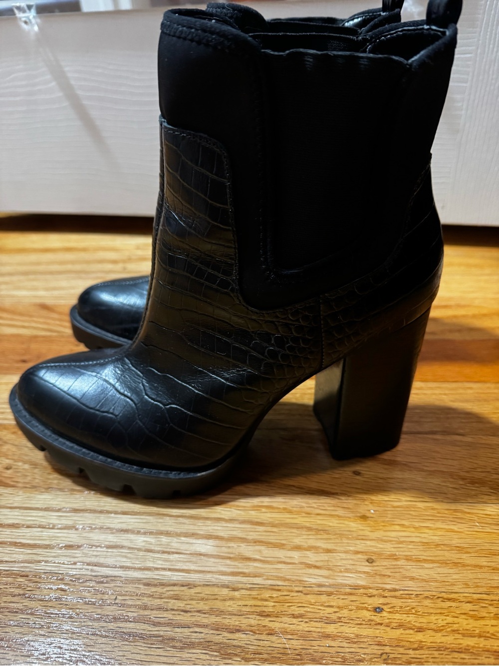 Charles David Black Croc-Embossed Block Heel Ankle Boot